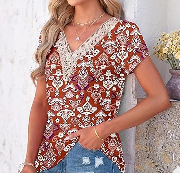 Fash#10 – Petal Sleeve T-Shirt Lace V-Neck Casual Cute Tops Loose Fit Tees