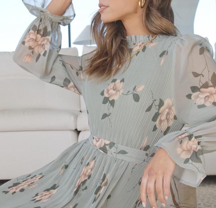 Fash#6 – Puff Long Sleeve Ruffle Trim Pleated Swing Chiffon Dresses