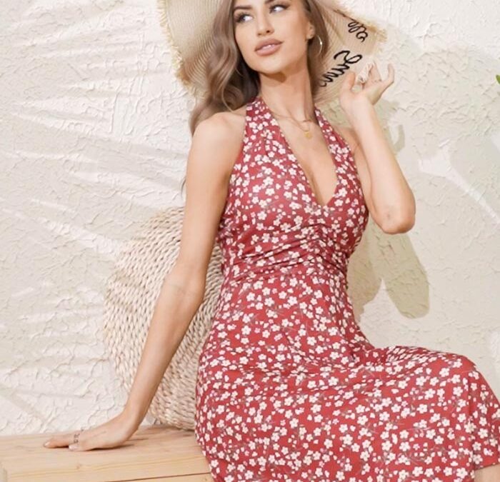 Fash#8 – Sleeveless Halter Neck Spring Boho Floral Ruffle Mini Dress